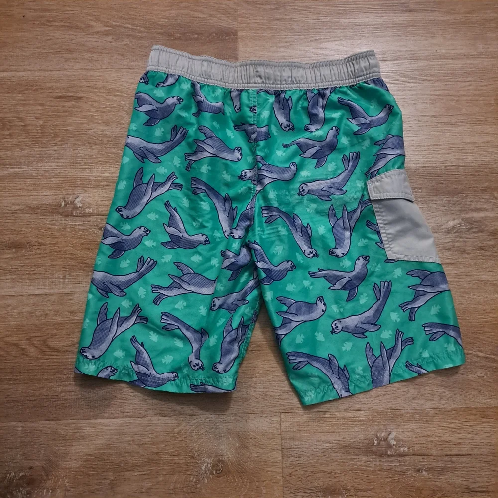 Cat & Jack Kid's Teal Blue Green Sea Lion Print Swim Shorts Drawstring Boy's XL